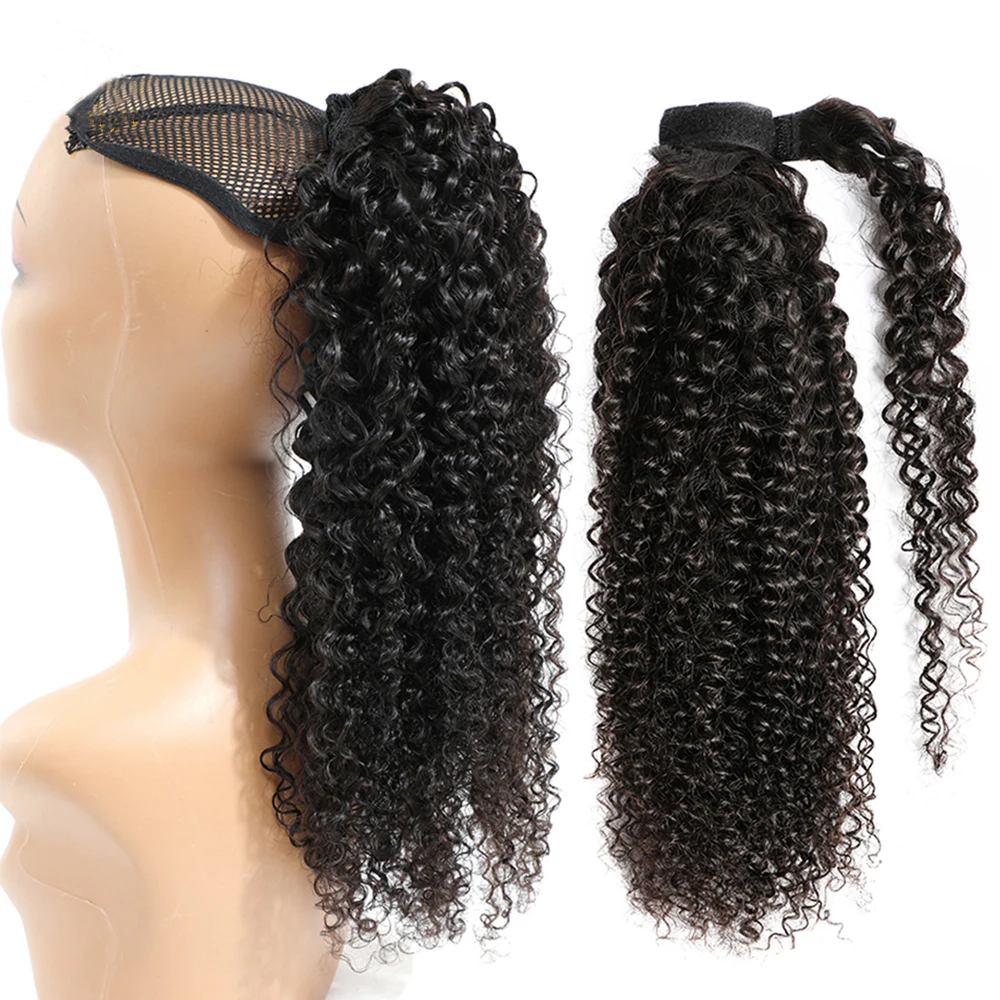 Afro Curly Wrap Around Ponytail Human Hair Kinky Curly Clip In Ponytail Hair Extensions Natural Remy Human Hair Tails Full End