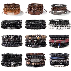 Men Multilayer Wooden Bead Bracelet Handmade Vintage Brown Leather Rope Bracelet 2024 New Ethnic Wristbands Bangle Jewelry Gift