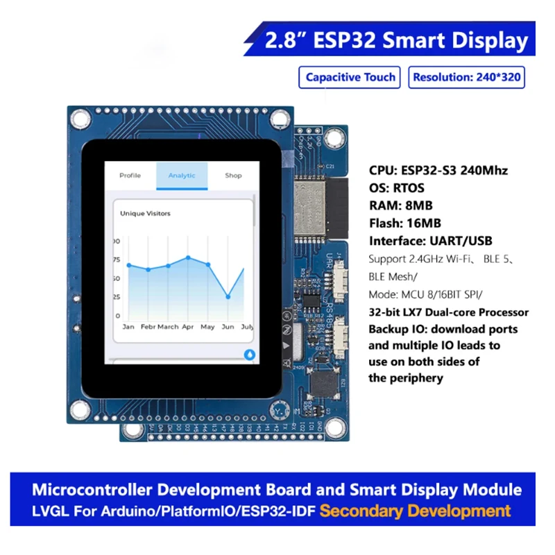 

2.8 inch 240*320 ESP32 S3 Display Development Board Dual Core LVGL HMI 16M Flash Arduino WIFI and Bles LCD TFT Module Touch