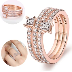 New 925 Silver Ring Rose Gold Plated Zircon Sparkling Princess Wishbone Heart Ring Women Original Pandor Fine Jewelry