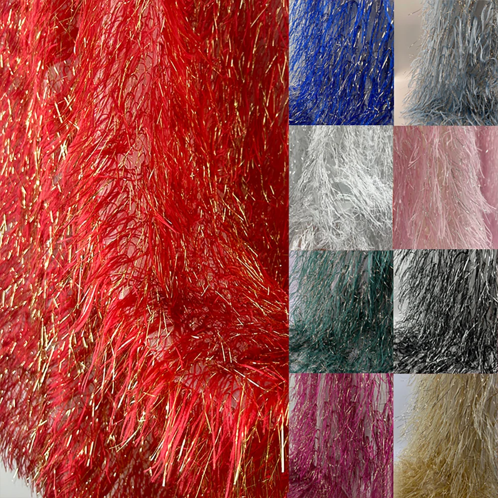 

Red white pink glittering tassel organza fabric performance costume dress plush toys imitation wool materials sewing per meter