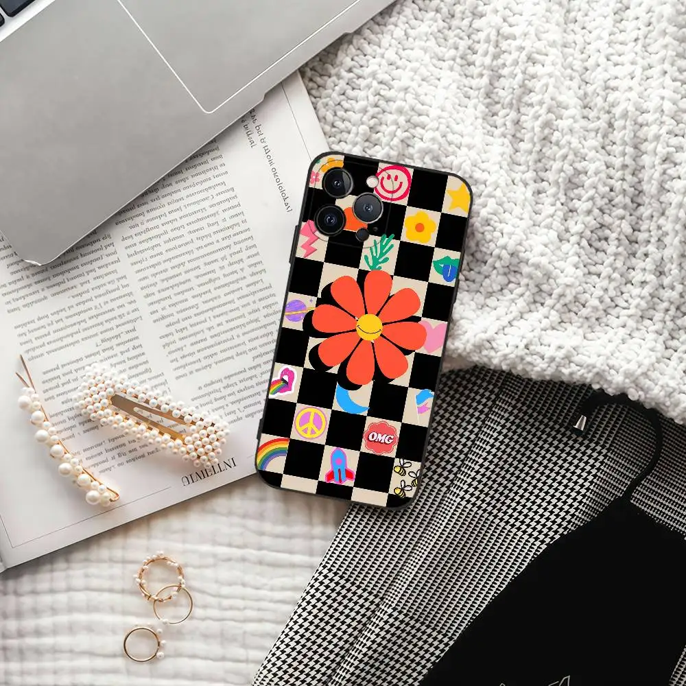 Funky Scacchiera Collage Cassa Del Telefono Cassa Del Telefono Per IPhone 11 12 13 14 15 16 Pro Plus Mini Max Nero Morbido Silicone TPU