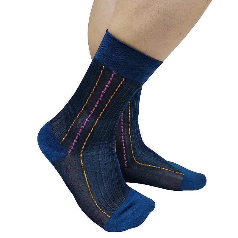 

Vintage Striped Men's Dress Socks Sexy See-through Navy Blue Thin Sheer Nylon Formal Clubwear Stocking for Males