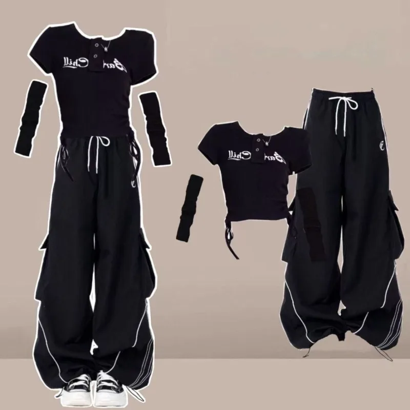 

2025 Summer Women Cool Slim Letter Black T-Shirts Red Wide Leg Pants Two Piece Sets Lady Fashion Short Sleeve Tops Trousers Suit