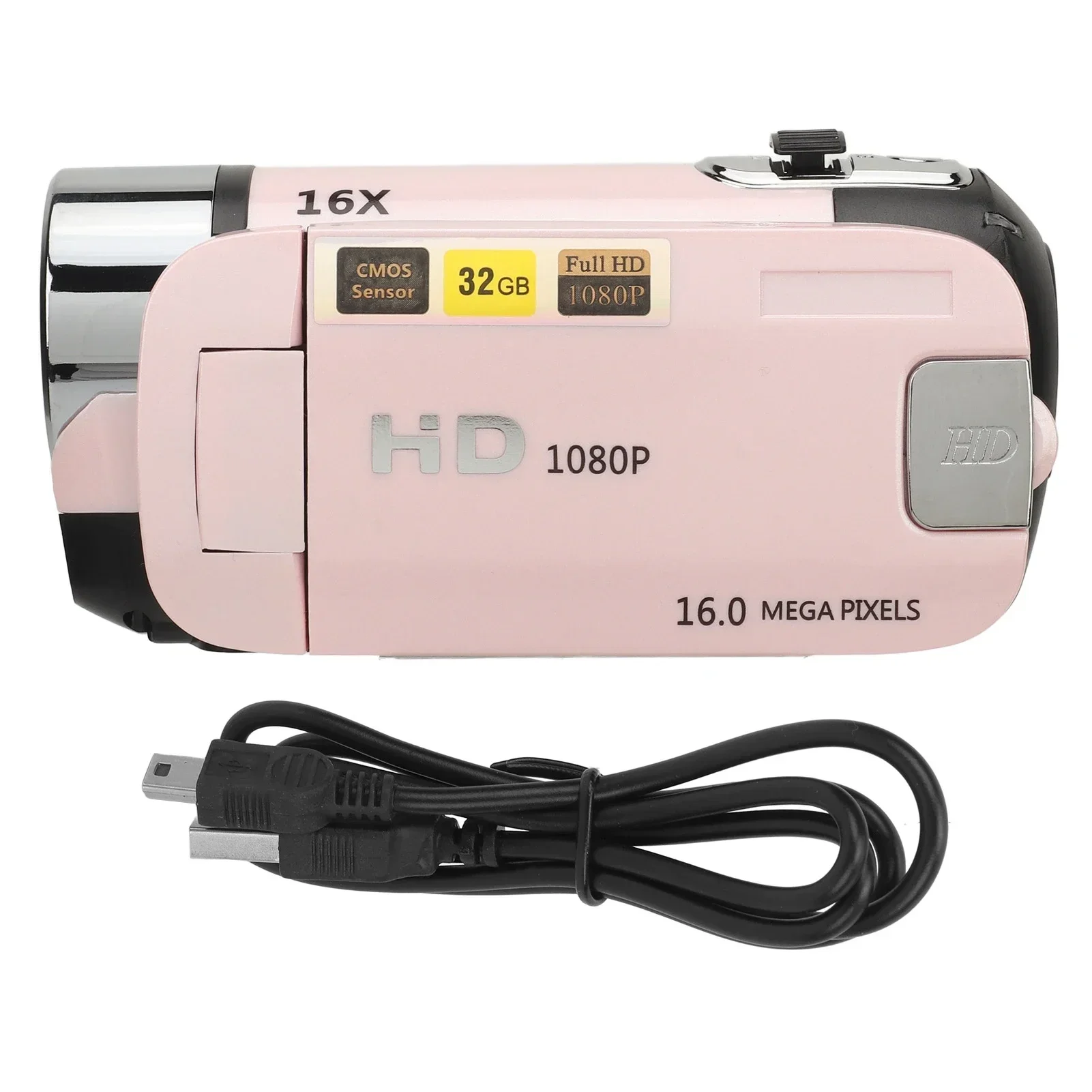 2.4 인치 회전식 스크린 캠코더, D90 1080P 16MP 디지털 카메라, 16X 줌 HD 비디오 녹음기, 필 라이트 핑크 포함