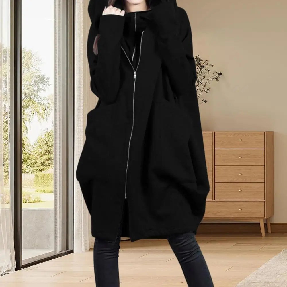 

Women Hooded Long Sleeve Sweatshirt Coat Zipper Placket Cardigan Top Fake Two Pieces Solid Color Mid-length Hoodie Jacket