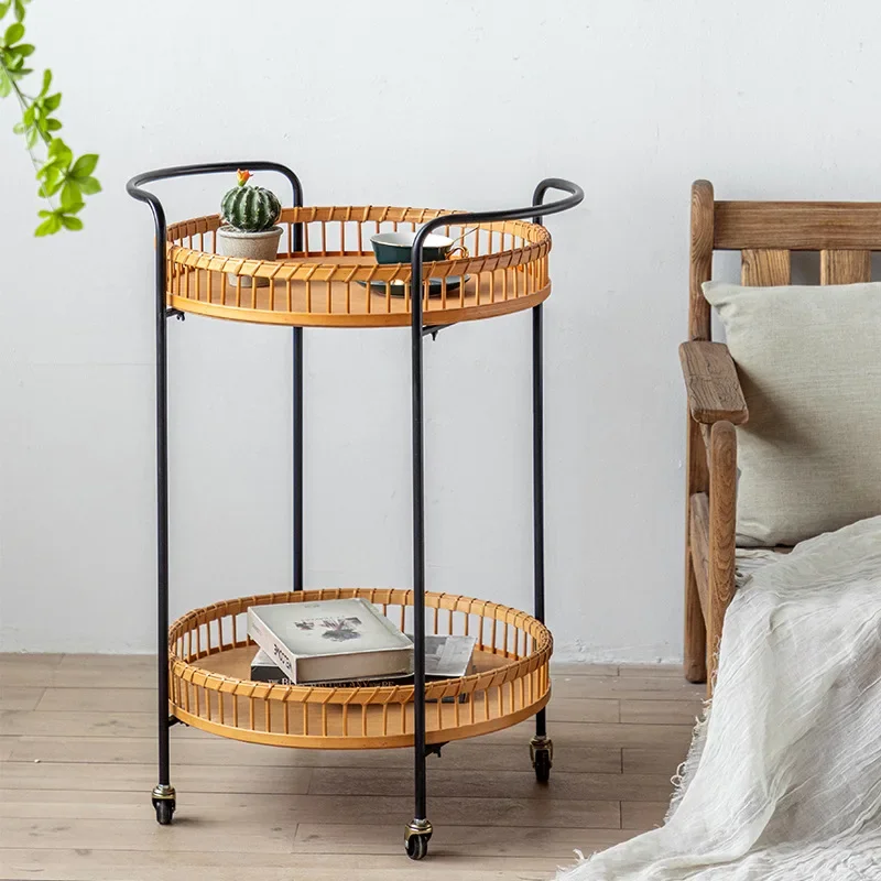 Estante de almacenamiento de carrito pastoral americano, mesa esquinera de sofá de almacenamiento de bambú para alojamiento en familia, mesa de centro para balcón y sala de estar