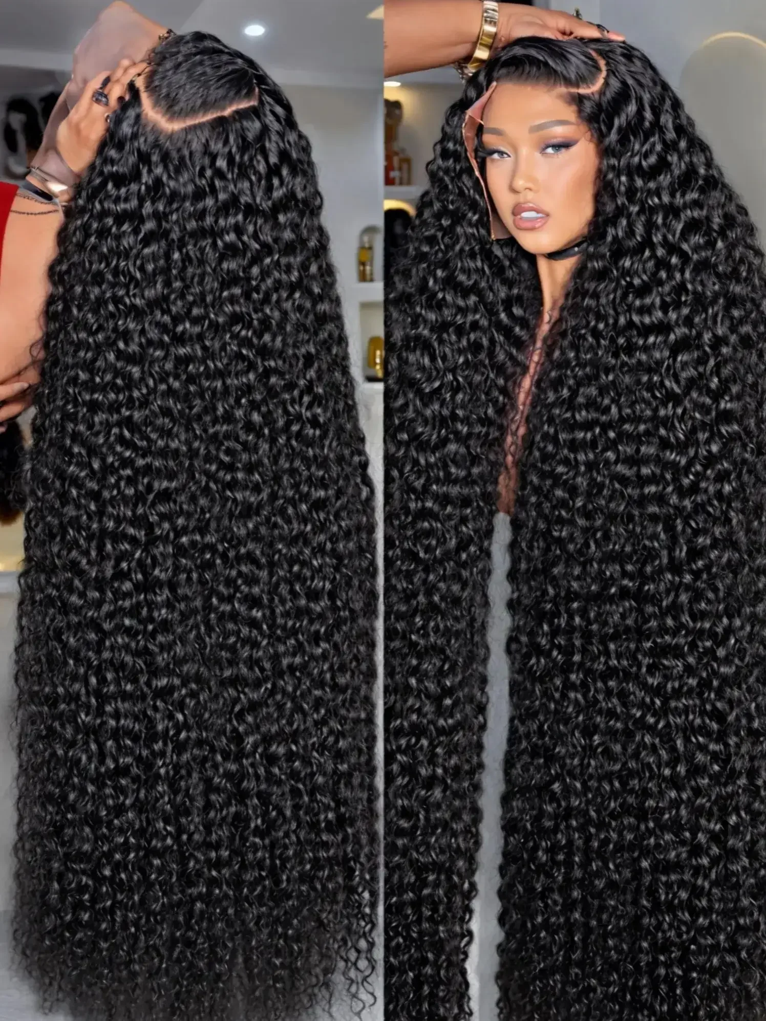 Natural Black Kinky Curly Soft Glueless 180Density 26Inch Long Deep Lace Front Wig For Women With Baby Hair Preplucked Daily