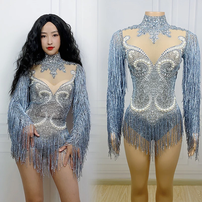 

Silver Fringe Bodysuit Gogo Dancer Stage Wear Drag Queen Outfit Rhinestone Stretch Jumpsuit Party Festival Rave Clothing VDB6980
