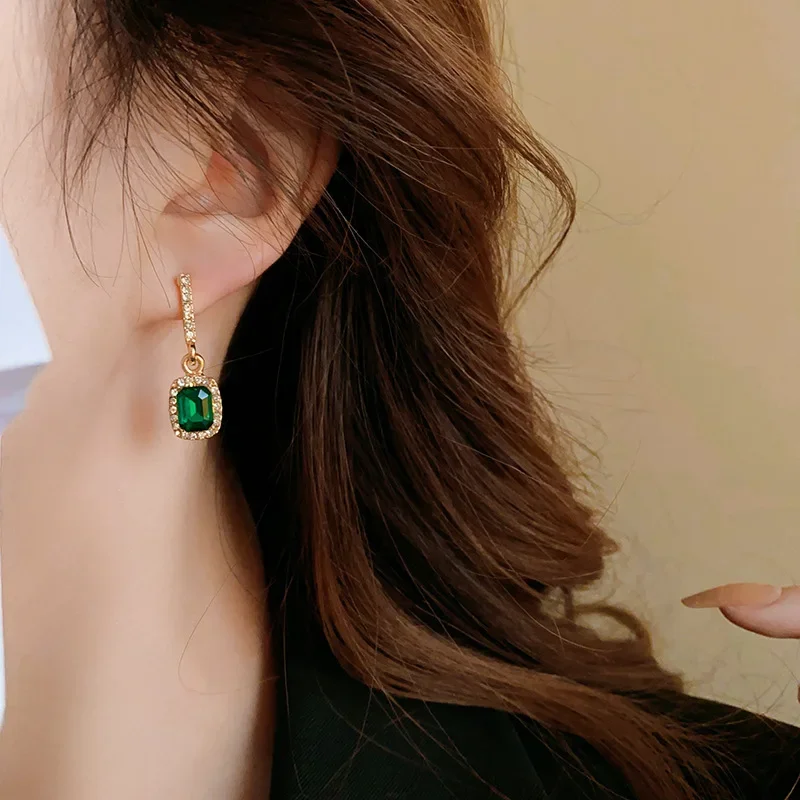 Green Color CZ Crystal Square Dangle Earring for Women Personality Simple Ear Jewelry Wholesale Christmas Gift