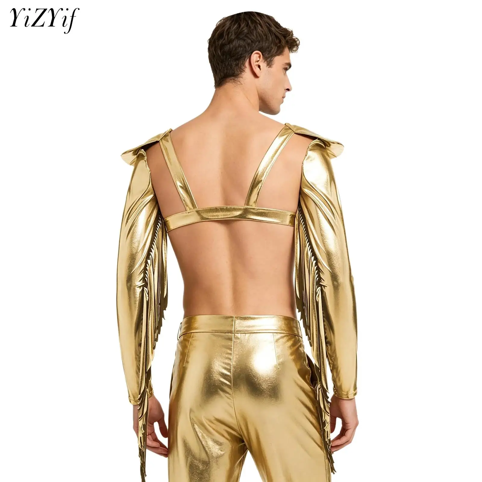 Mens Metallic Shiny Fringed Arm Sleeves Top Long Sleeve Tassels Epaulet Adjustable Chest Harness Crop Top Rave Party Clubwear