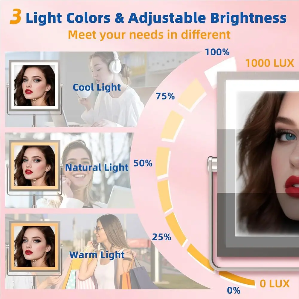 مرآة زينة LED قابلة للتعديل مع بطارية 4000 مللي أمبير في الساعة، تكبير 1X/10X، 3 خيارات إضاءة ألوان، قابلة للإمالة، 360 درجة ° دوران، #4