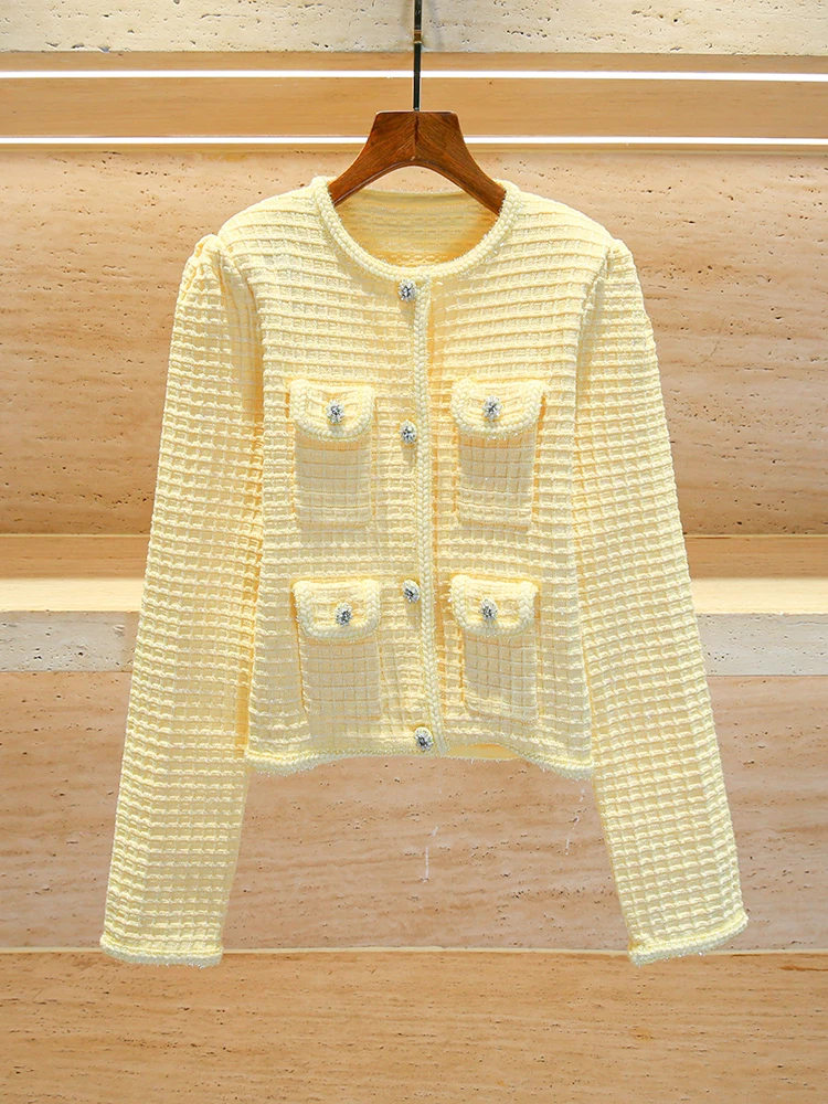 

Ele Diamond Встроенный вязаный открытый кардиган Женская верхняя одежда Повседневная одежда свободного покроя Длинное пальто све круглое Ne