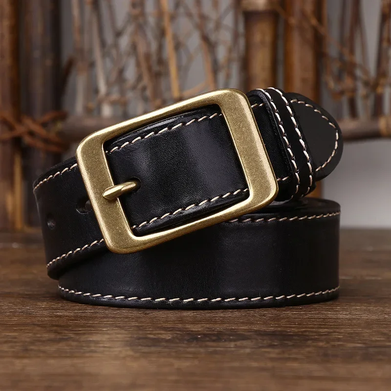 

3.8CM New Men Thickened Pure Belt Cowhide Genuine Leather for Men's Jeans Brass Buckle Belts Cowboy Waistband Male Designer