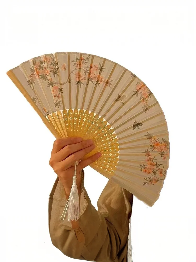 Tragbarer Handfächer im neuen chinesischen Stil, Tanzrequisiten, Retro-Muschelfächer, Damen- und Herren-Bambus-Holz-Seidenblumen-Faltfächer – Detail 9