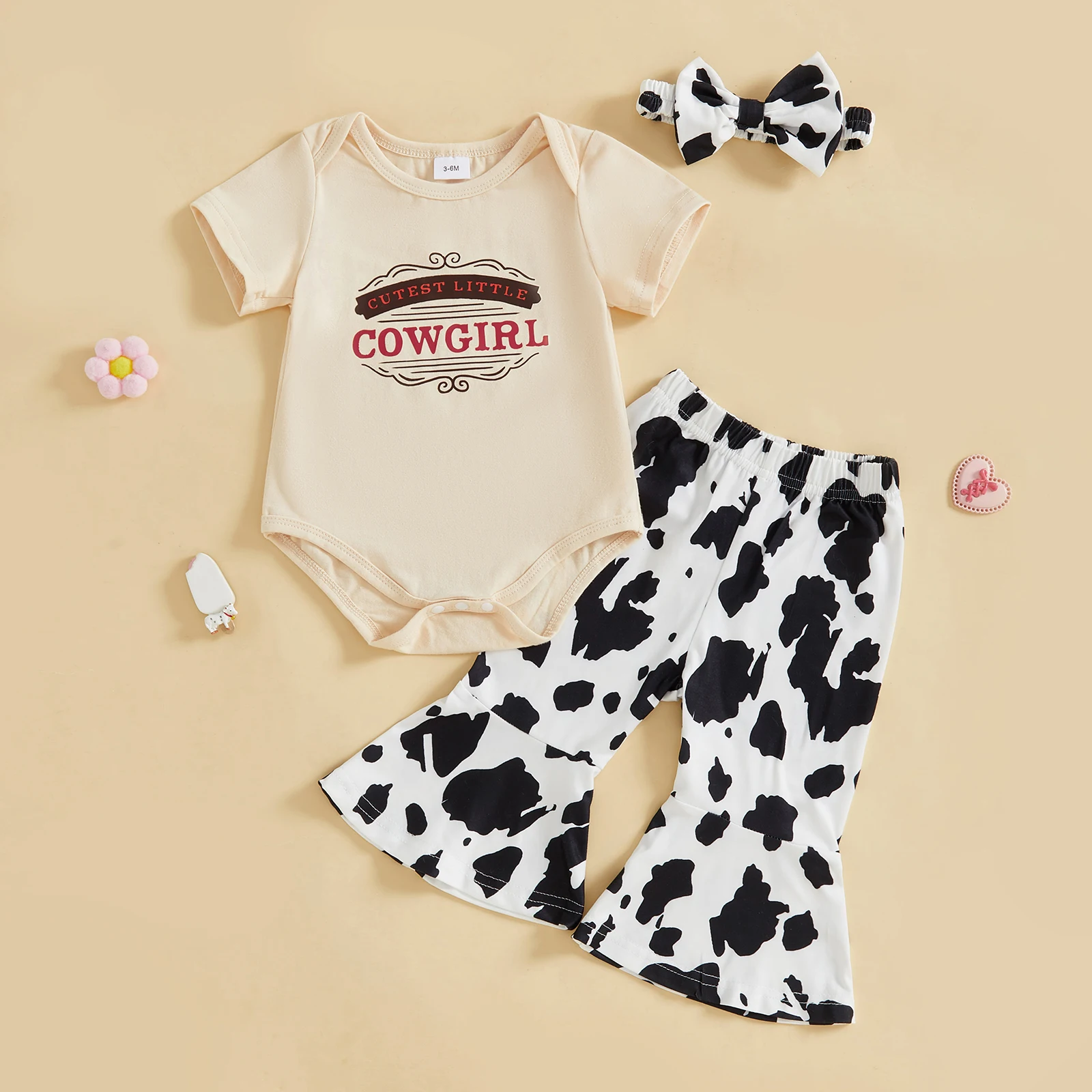 

Baby Girl Western Outfits Letter Short Sleeve Romper with Cow Pattern Flare Pants and Bow Headband 3 Pcs Set