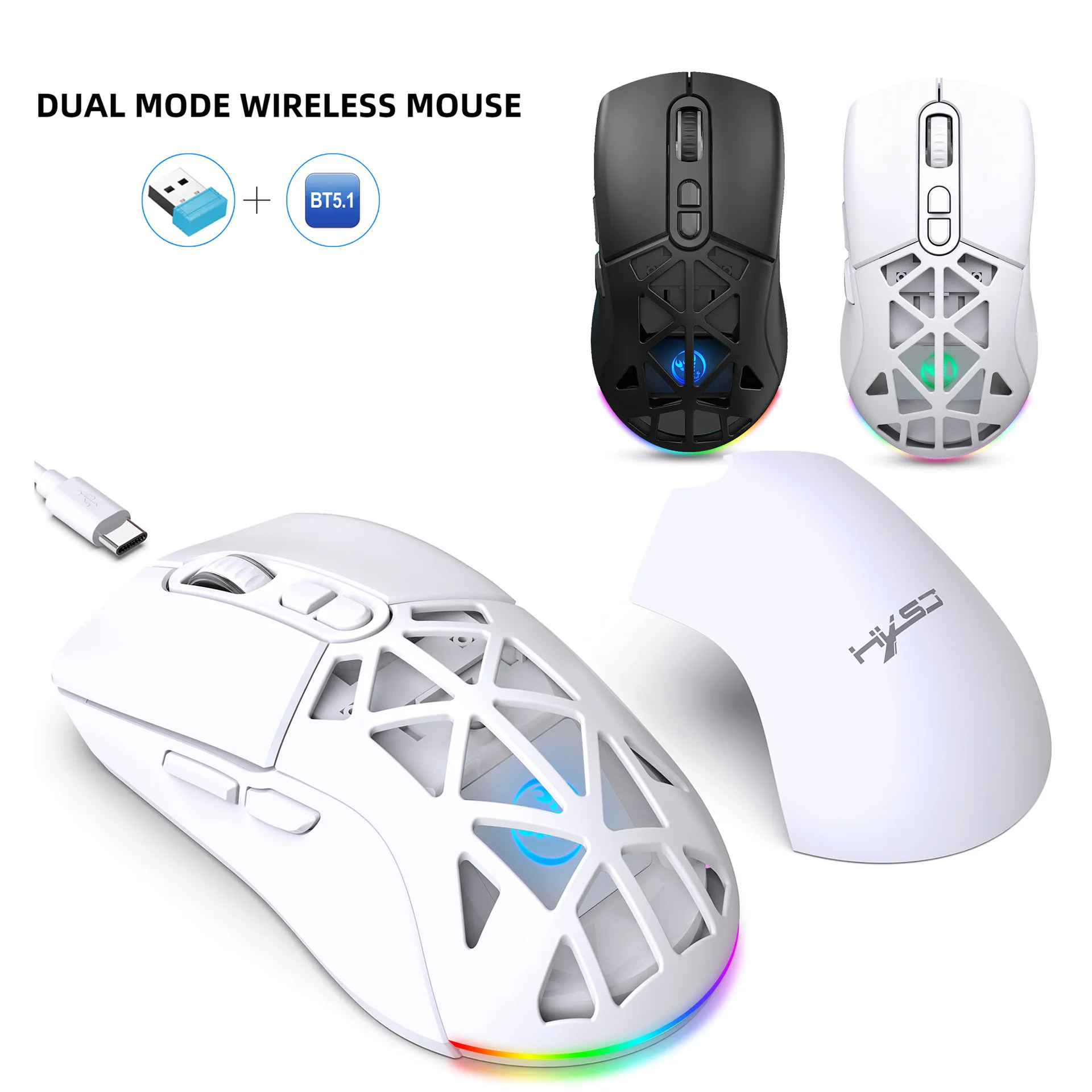 

New gaming mouseRGB backlit hollow wireless 2.4G mouse 4800dpi built-in 650mAh rechargeable battery BT5.1 Bluetooth mouse