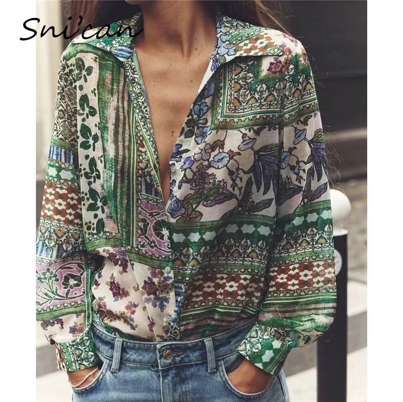 Green Flower Paisley Print Women Blouse  Oversize Casual Ladies Shirts Female Chic Tops Outwear Blusas Mujer Blusas Muje New