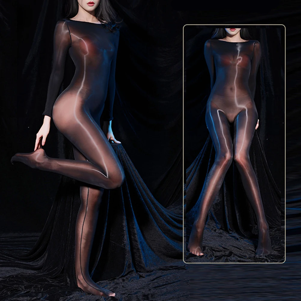 

Women Sexy Erotic Underwear Female Oily Shiny Silky Stockings Sexy Transparent Tight Body Tights See Through Bodysuit