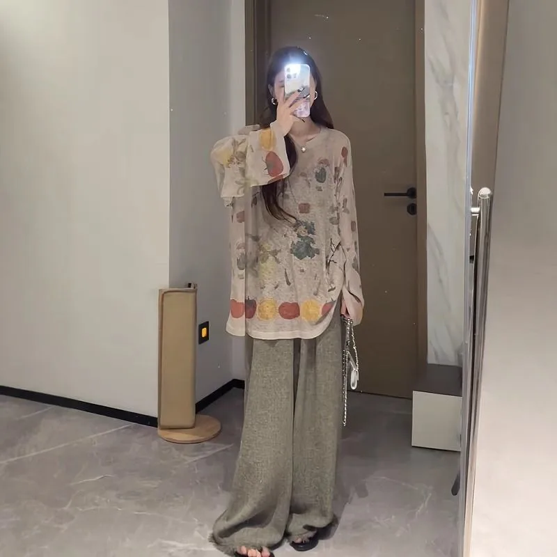 

Korean Style Contrast Print Long-sleeved Round Neck T-shirt Women's Summer Thin Blouse Loose Casual Top