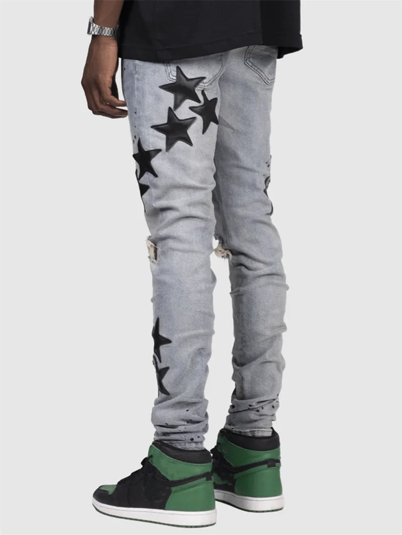Vintage Star Print Stretch Punk Style Ripped Jeans Men's Streetwear Fashion Pocket Male Youth Daily Casual Denim Pencil Pants