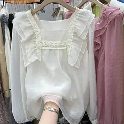 Women's New Fashionable Shirt Design with Ruffled Edges and Square Neck High-end Top Stylish and Versatile Small Shirt