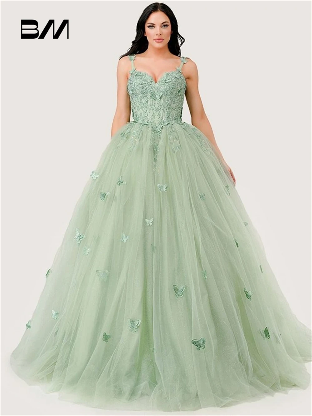 Sage Butterfly Appliques Sweet 15 16 Dress, Tulle A Line Long Quinceanera Dress High Waist Customizable Prom Dresses