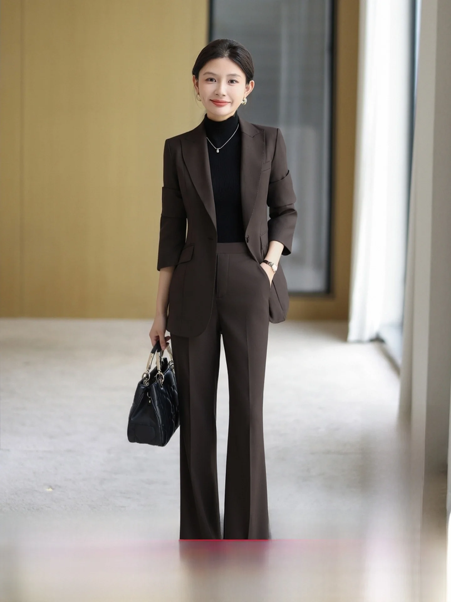 

Spring Autumn Woolen Suit Women's Profional Commute Formal High Slim Straight Leg Pants Set Ele Busin Interview Wor...