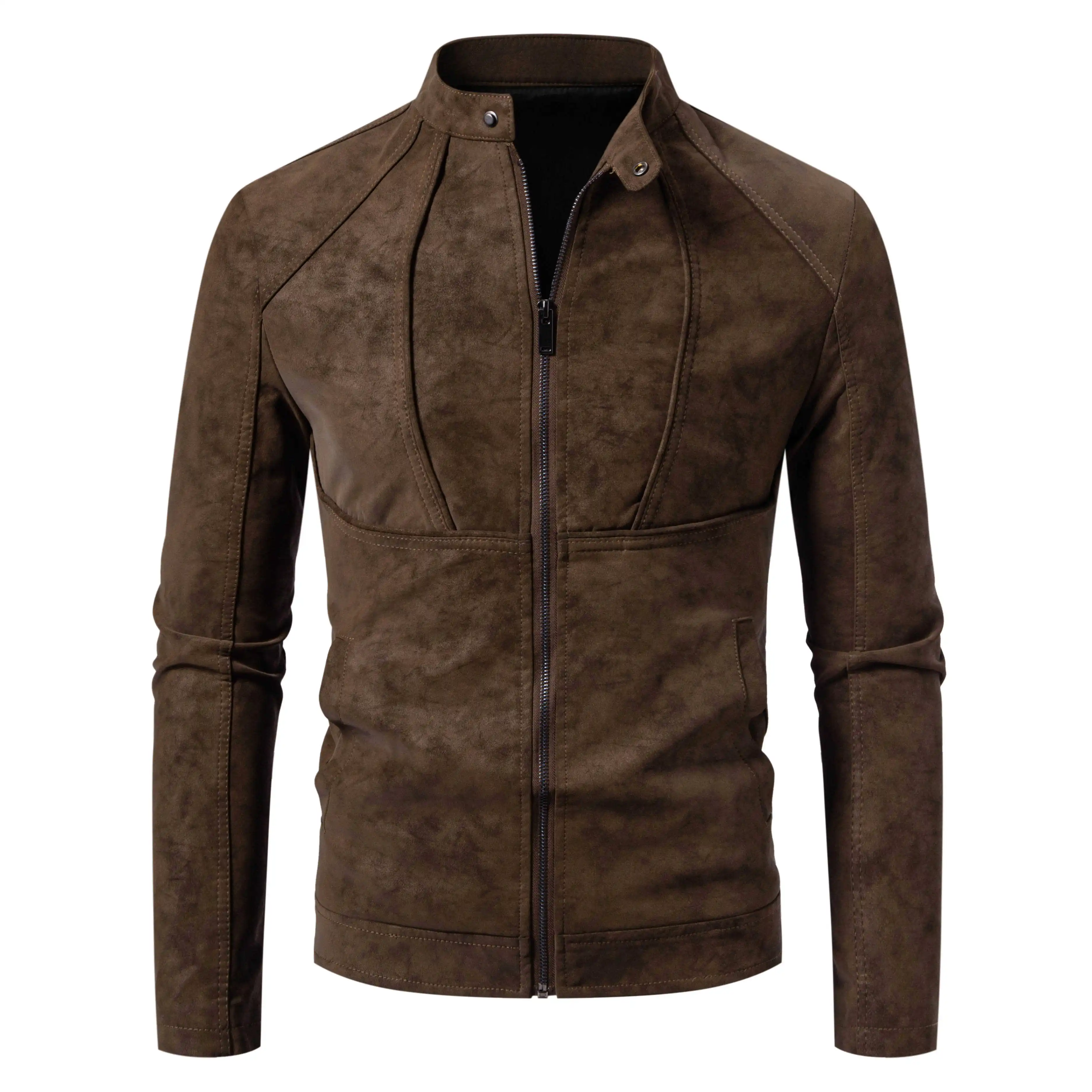 Herren Slim Fit Vintage Motorradjacke Lässiger Langarm-Biker-Mantel Figurbetontes Design für Herbst Winter Einfarbiges Muster – Detail 7
