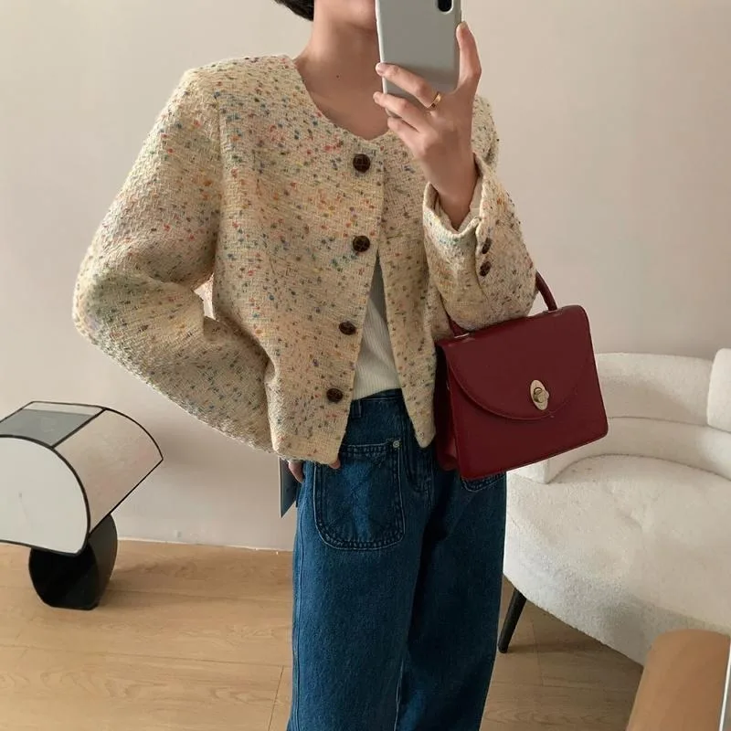 Kolorowy płaszcz w stylu retro dla kobiet na jesień, luksusowy, luźny, uniwersalny krótki tweedowy top w stylu zagranicznym.