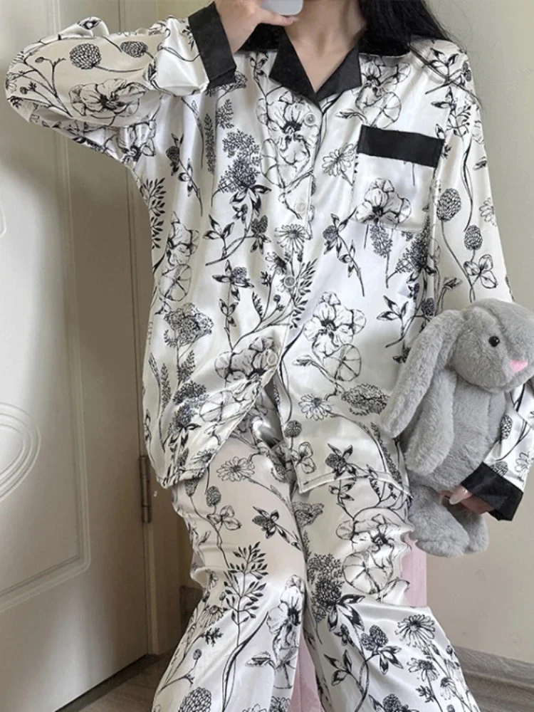 

Chinese Classic Ink Painting Flower Print Women's Pajamas Elegant Art Aesthetics Lounges 2025 Spring New Simulated Silk Homewear