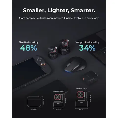 OBSBOT Tiny 3 AI-Powered Spatial Audio 4K Webcam, AI Tracking PTZ Camera with 1/1.28" Sensor, Tri-Mic, Voice & Gesture Control