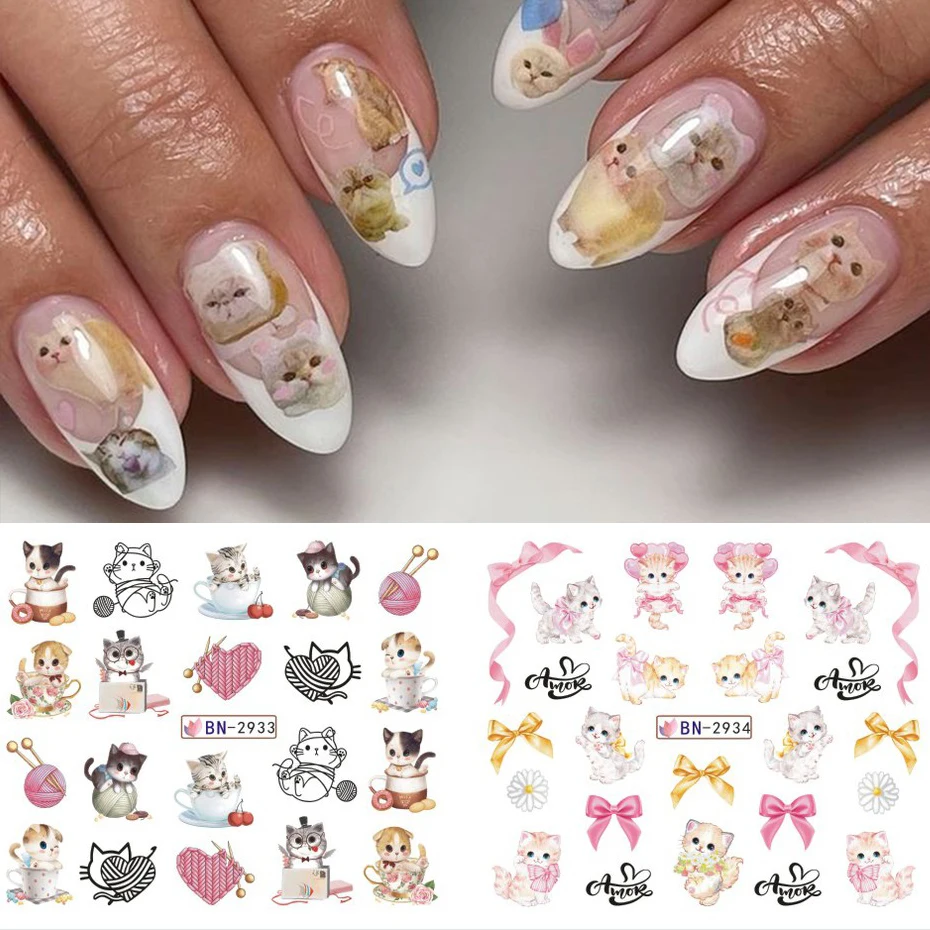 12 sztuk słodki kociak paznokci naklejka wodna Kawaii Anime akwarela projekt folia na naklejki do paznokci Cartoon znak wodny Transfer Manicure suwak — zdjęcie 5