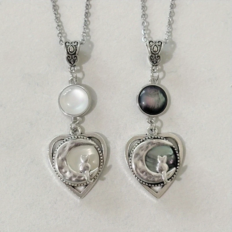 Y2K Fashion Peach Heart Moon Cat Pendant Necklace Women Black Crystal Girl Sweet Cool Punk Clavicle Chain Aesthetic Jewelry Gift