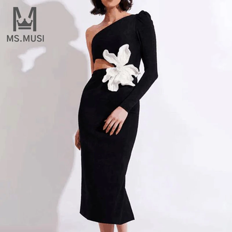 

MSMUSI 2024 New Fashion Women Sexy One Shoulder Floral Beading Hollow Out Long Sleeve Bodycon Party Club Slim Event Midi Dress