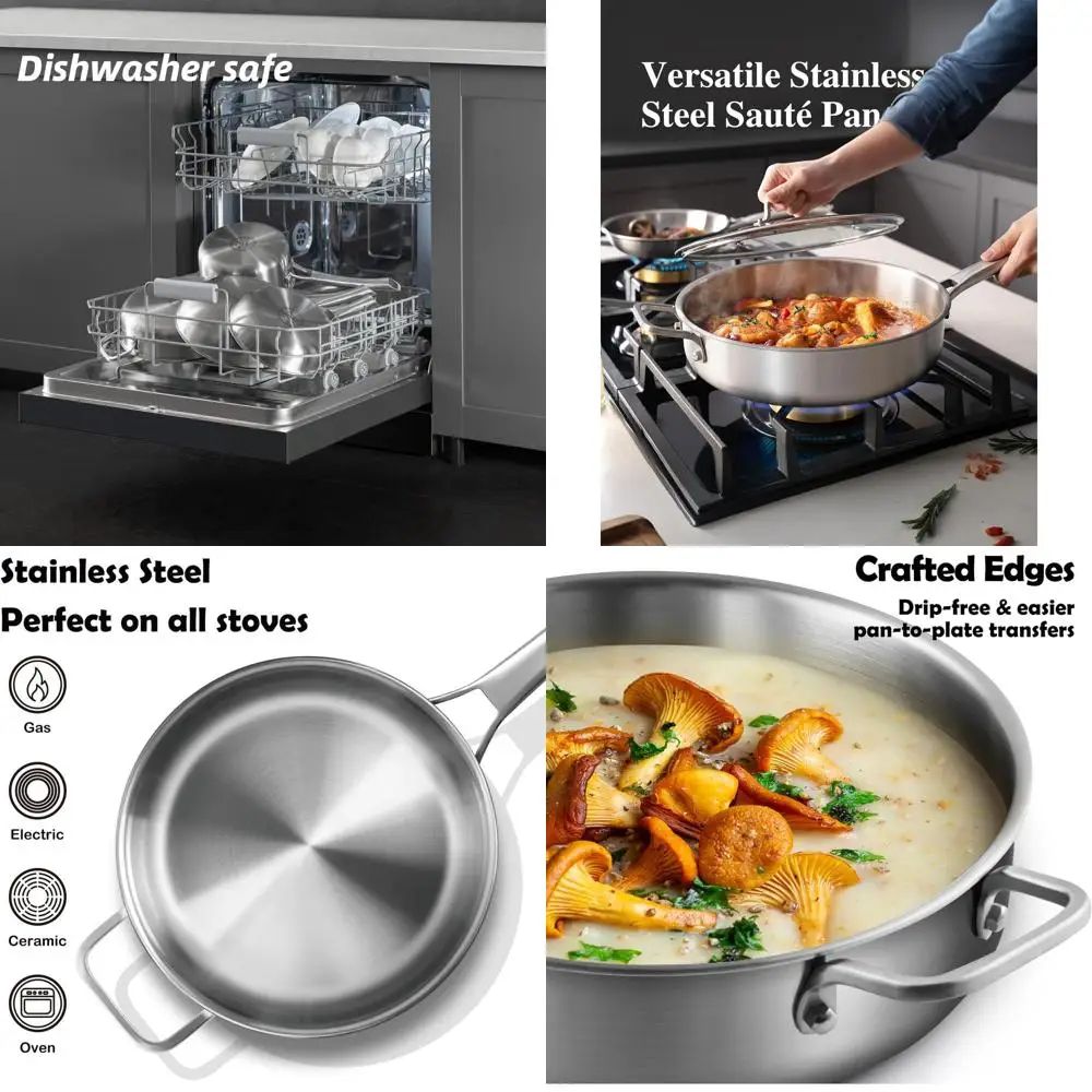 

Сковорода-сотейник из нержавеющей стали на 6 кварт с крышкой, 12-дюймовая, для мытья в посудомоечной машине и использования в духовке, подходит для всех типов плит