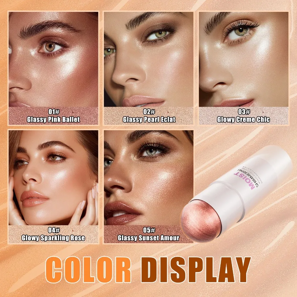 Highlighter Stick with Pearl Shimmer Translucent Glass Glow Creamy Blendable for Natural 3D Contouring Face Makeup Long Lasting