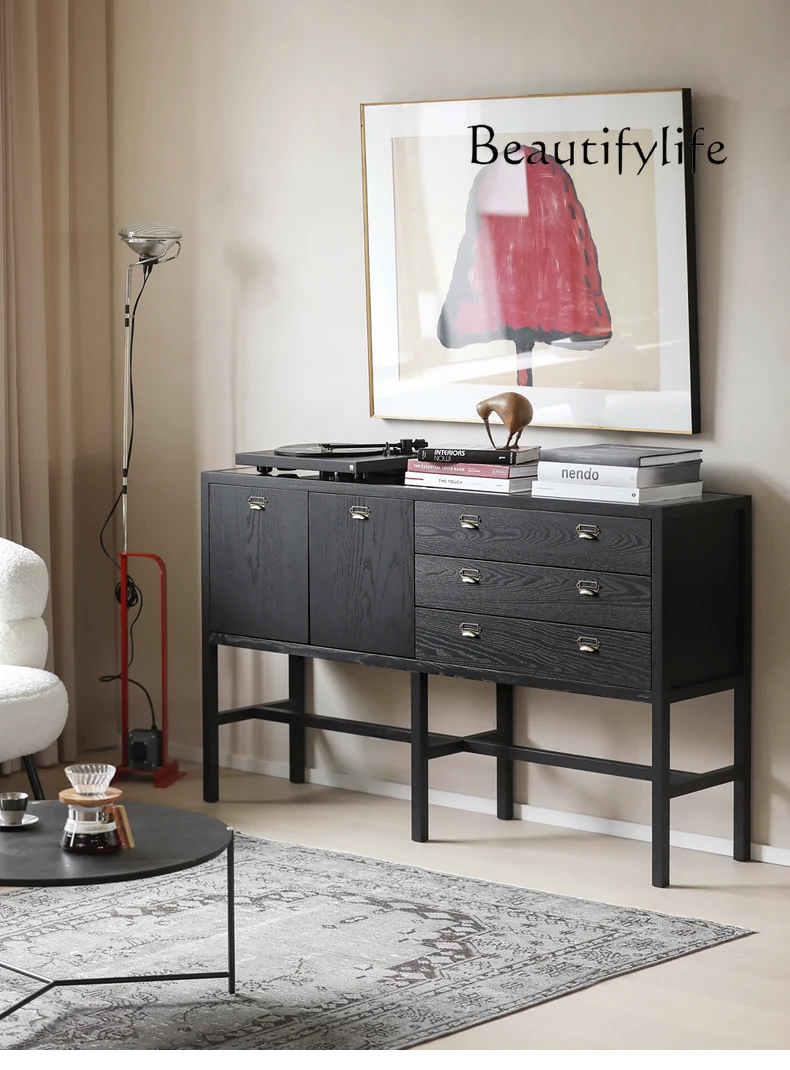 

home furniture all items Nordic Modern Three-Drawer Double-Door Side Cabinet Black Retro Simple Bedroom Storage Locker