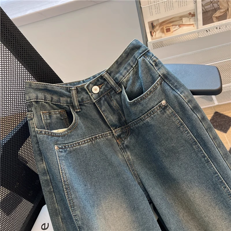 Vintage blauwe patchwork jeans lente herfst retro herenbroek Amerikaanse casual mode Street Style wijde pijpen denim broek