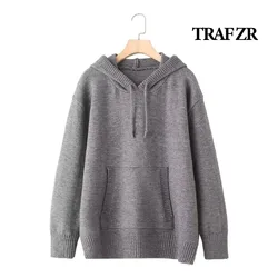 TRAF ZR Knitted Hooded Sweatshirt for Women Y2k Streetwear Long Sleeve Pullovers Women's Sweater Hoodies Warm Stich Outerwear