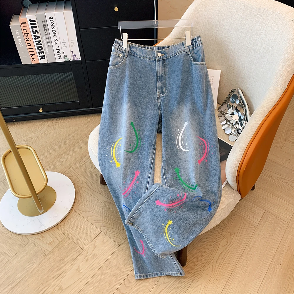 Plus-size women\'s fall casual commute baggy comfort jeans Blue cartoon print pocket button elastic-waists straight-leg pants big