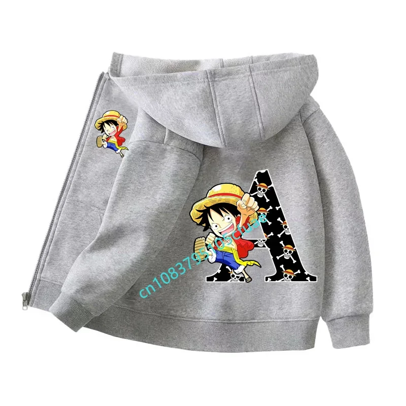 

One Pieces Letter A-Z Zipper Hoodie Cartoon Luffy Sweatshirt Set Teen Hooded Autumn Girls Clothing Anime Kids Clothes Boys Tops