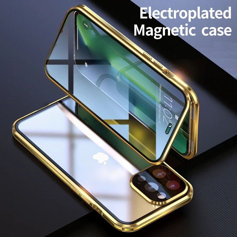 Double Sided Temper Glass Metal Magnetic Phone Case for IPhone 16 15 Plus 11 14 Pro Max 12 13 Mini Full Lens Protect Cover Cases