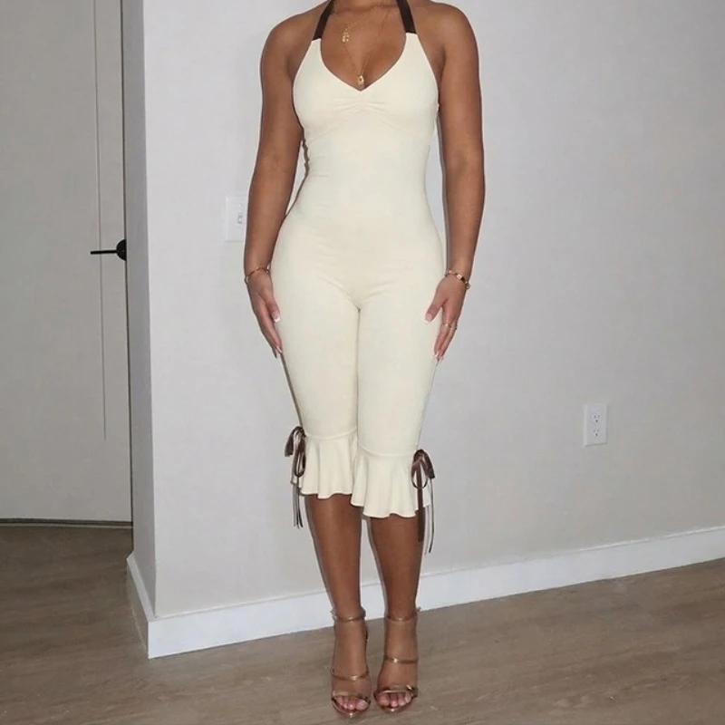 European and American Clothing Summer New Solid Color Casual Slim Sleeveless Backless Halter Neck Strap Long Jumpsuit