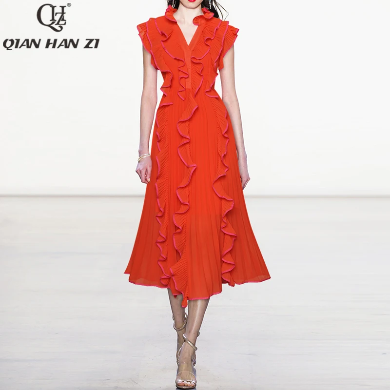 

Qian Han Zi Designer Fashion Summer Pleated Dress for women sleeveless vintage ruffles Slim fit Midi Dress 2022 New