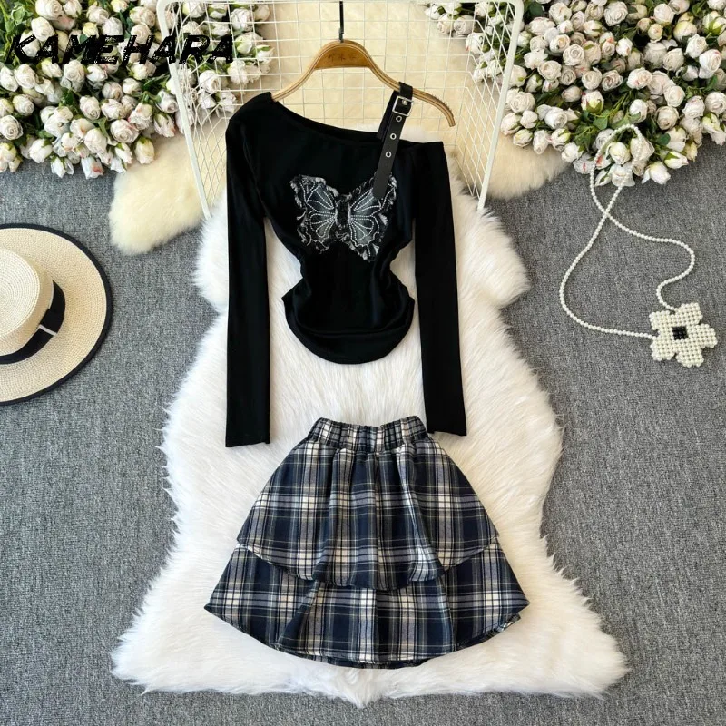 

KAMEHARA American High Street Y2k Millennial Spicy Girl Dressing Small Design Sense Pinch Waist Set Checkered Half Skirt Sets