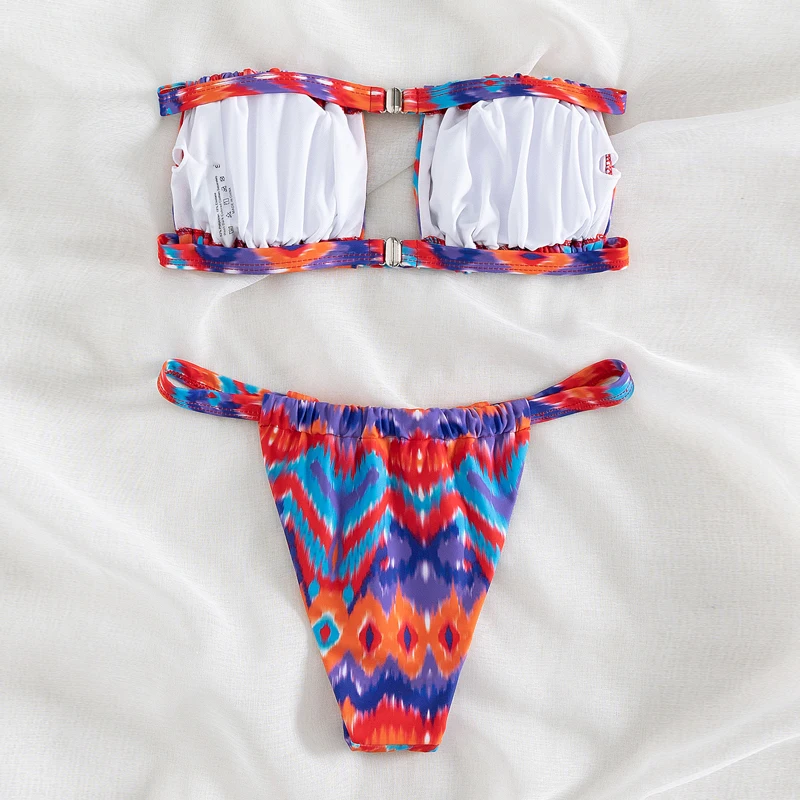 New Sexy Push Up Bandeau Bikini Set Hollow Out Bikinis Women Printed Ruched Bathing Suit Thong Swimwear Swimsuit Female Biquini