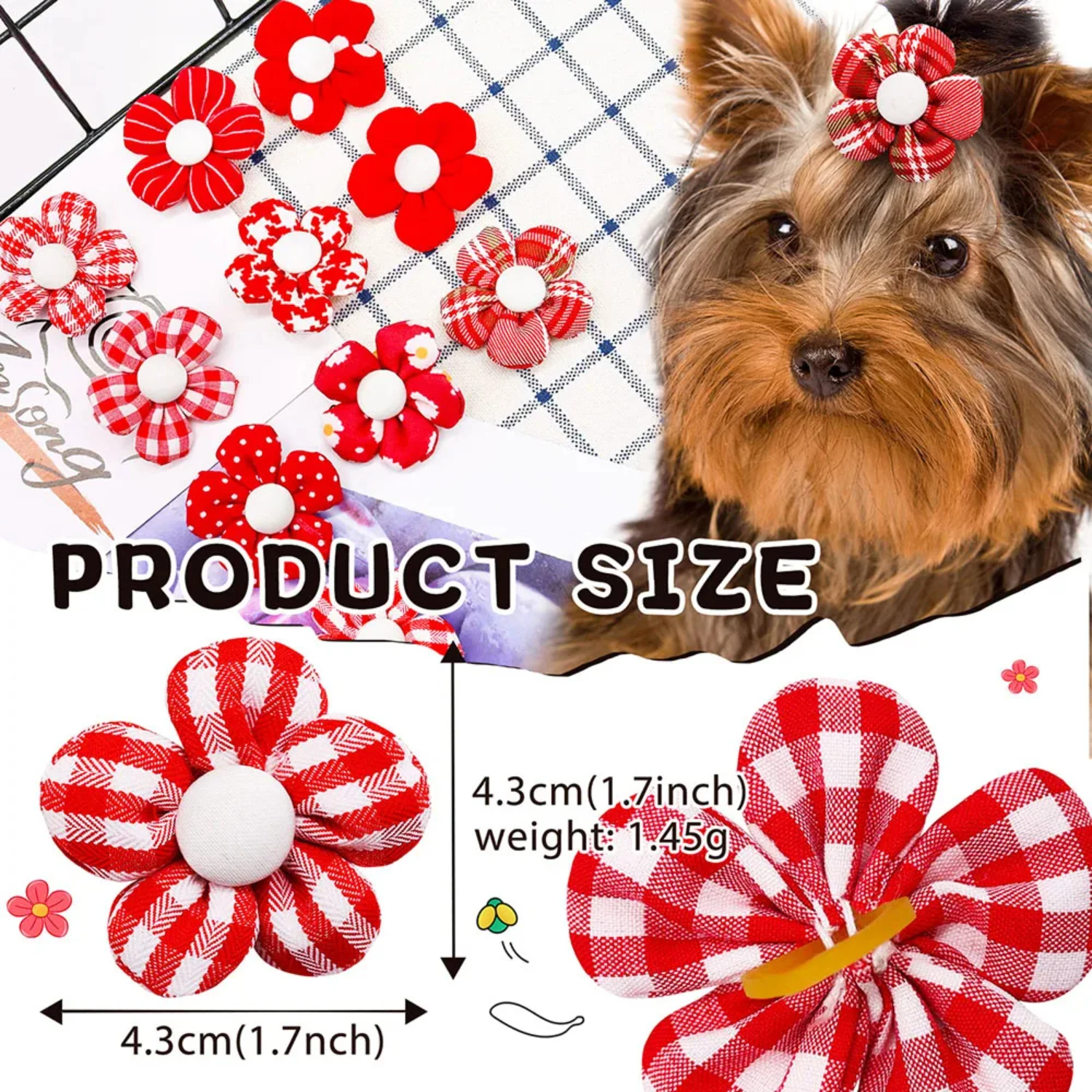 10/20pcs Flower Dog Hair Bow Red Style Valentines Day Decorate Dog Bowknot with Rubber Bands  Small Dog Puppy Accessories Tie