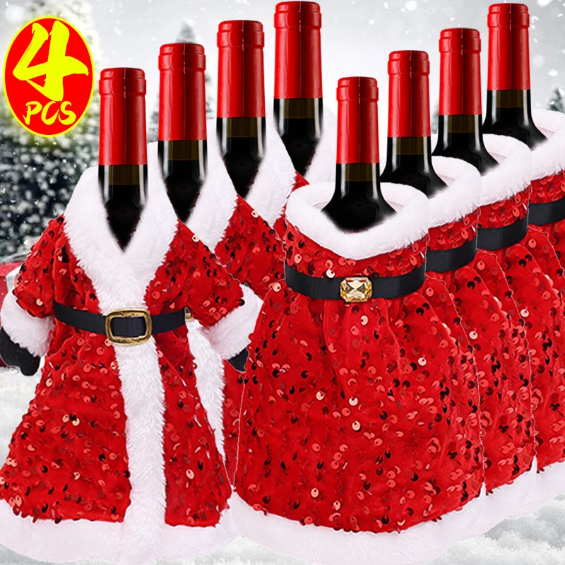 4/1PCS Plush Wine Bottle Cover Red Dress Clothes Christmas Wine Bottle Bags Xmas New Year Party Dinner Table Gift Decoration