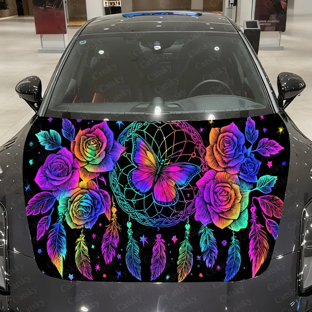 

Colorful Dreamcatcher Butterfly & Rose Car Vinyl Wrap, PVC Material Waterproof Car Hood Sticker, Self-Adhesive Scratch-Resistant